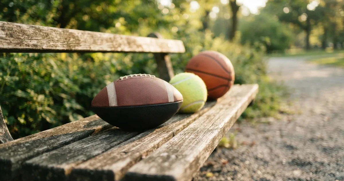 Drie ballen van verschillende soorten naast elkaar op een houten bank