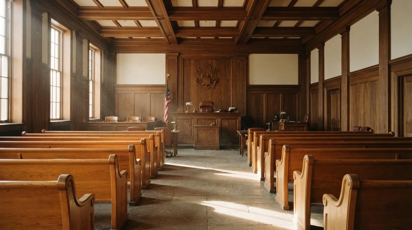 Een lege rechtszaal met houten banken in het ochtendlicht