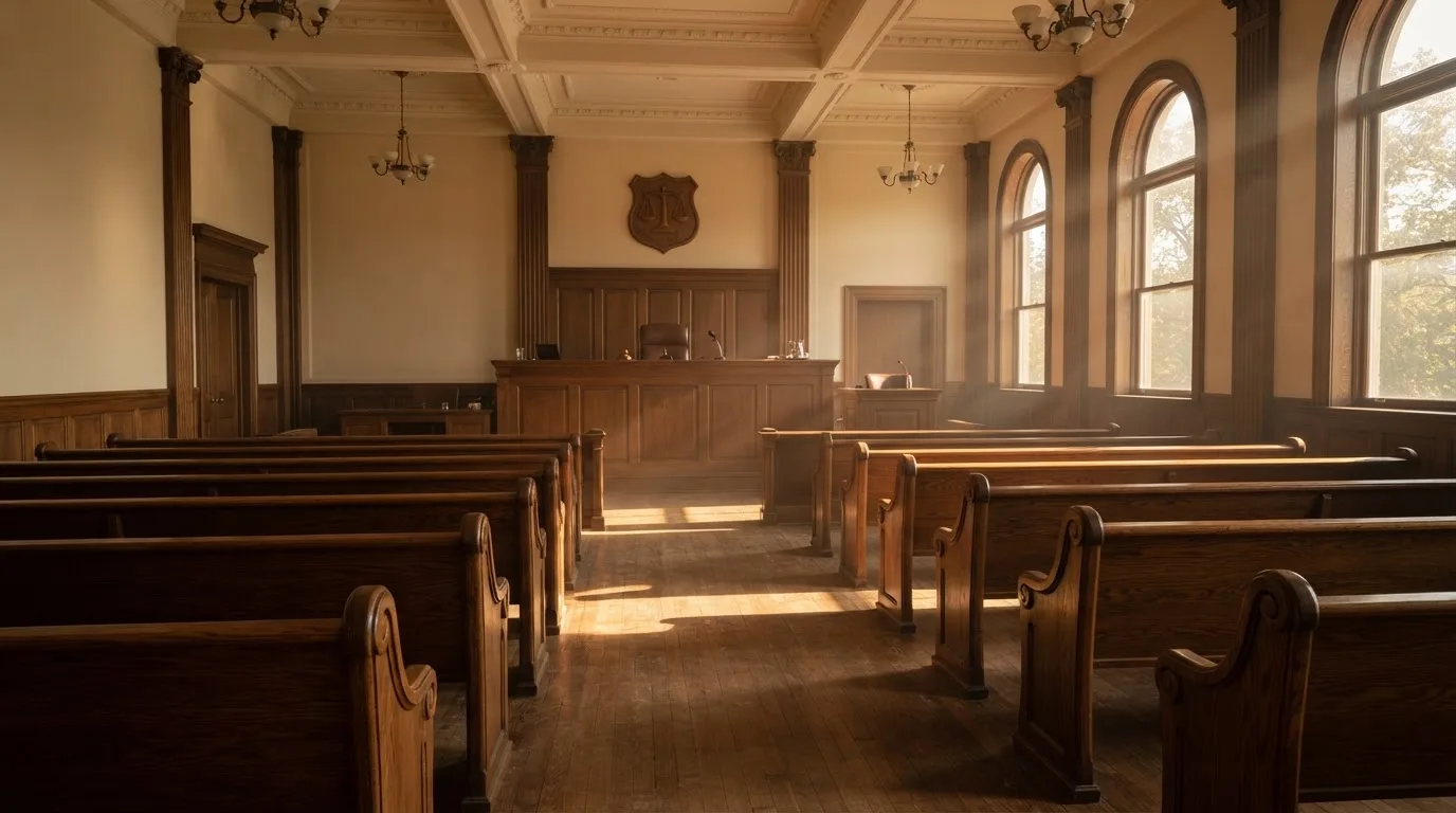 Een lege rechtszaal met houten banken in het ochtendlicht