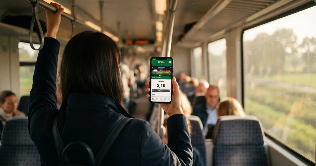 Een hand houdt een smartphone vast in de trein, het scherm van de camera afgewend