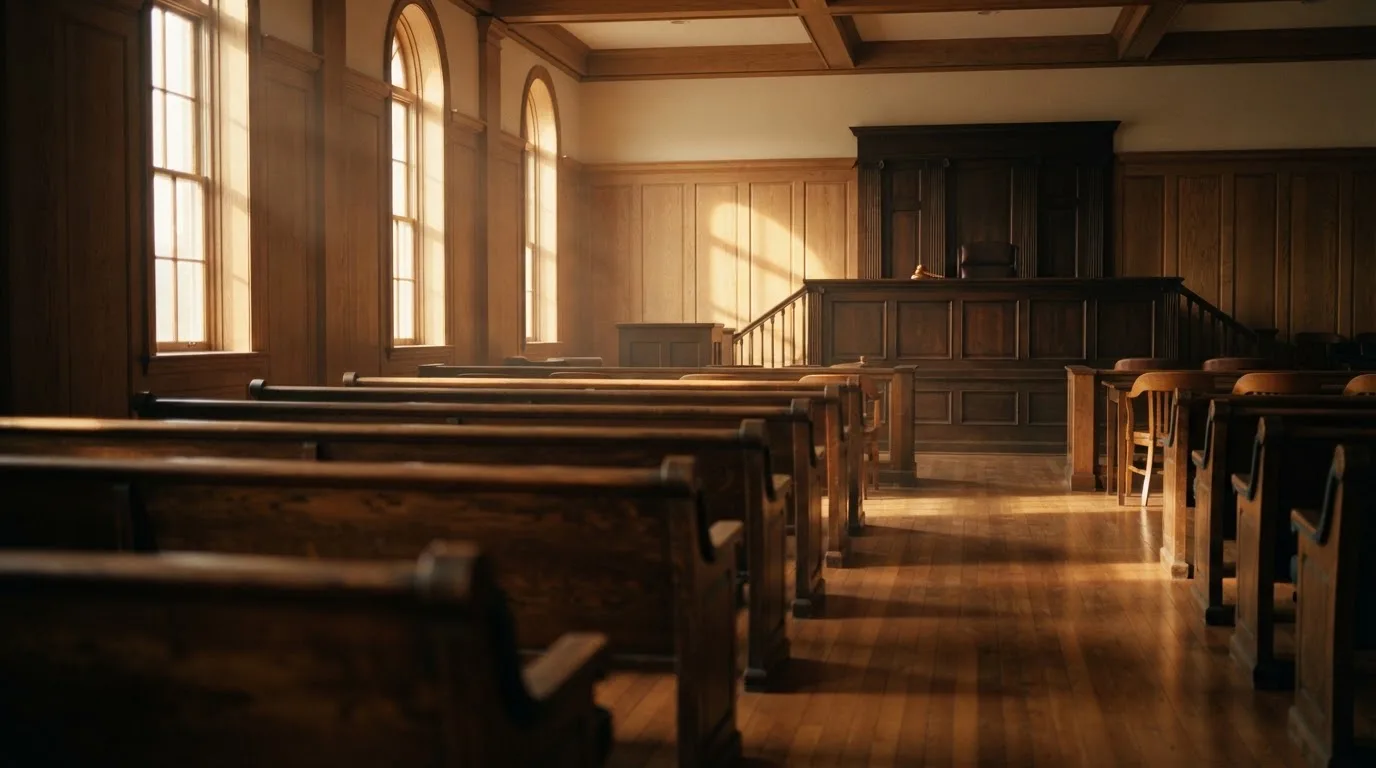 Een lege rechtszaal met houten banken in het ochtendlicht