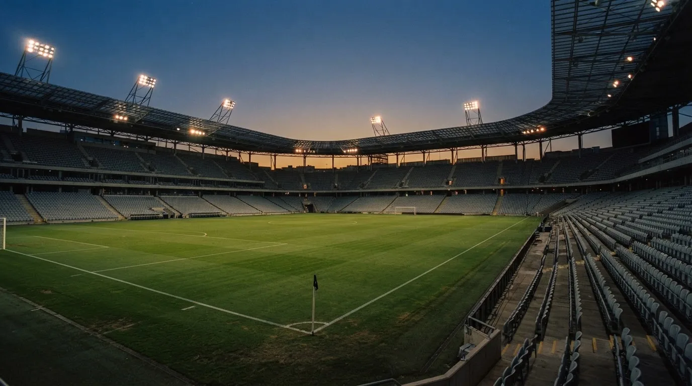 Een leeg voetbalstadion met lichtmasten bij schemering