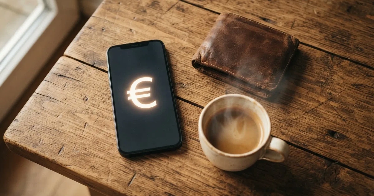 Een smartphone op een houten tafel naast een portemonnee en een kopje koffie