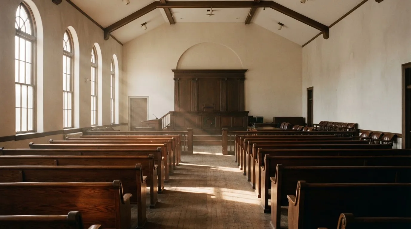 Een lege rechtszaal met houten banken in het ochtendlicht