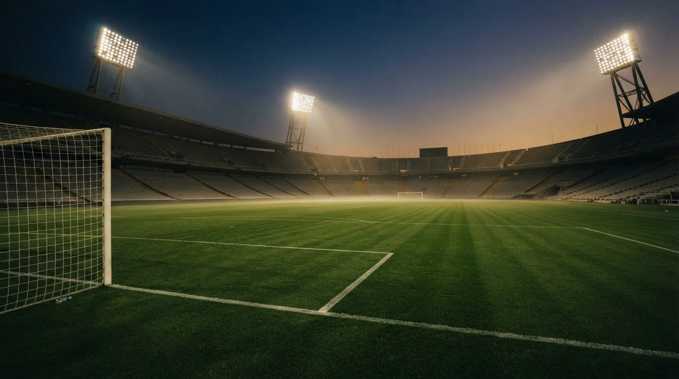 Een leeg voetbalstadion met lichtmasten bij schemering