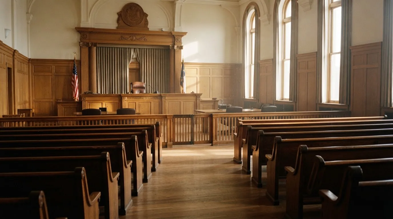 Een lege rechtszaal met houten banken in het ochtendlicht