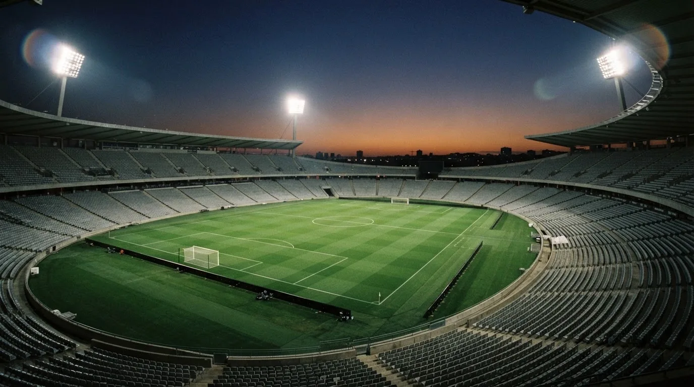 Een leeg voetbalstadion met lichtmasten bij schemering