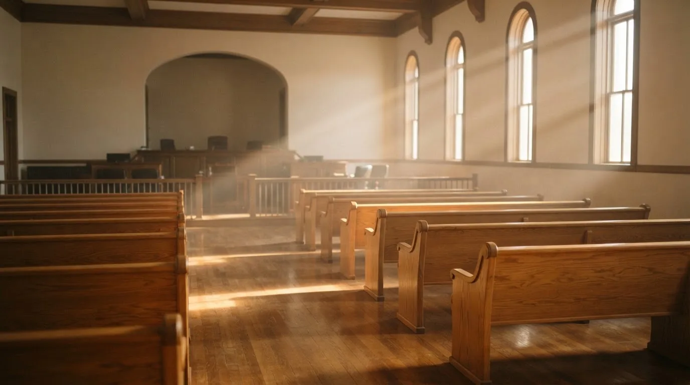 Een lege rechtszaal met houten banken in het ochtendlicht