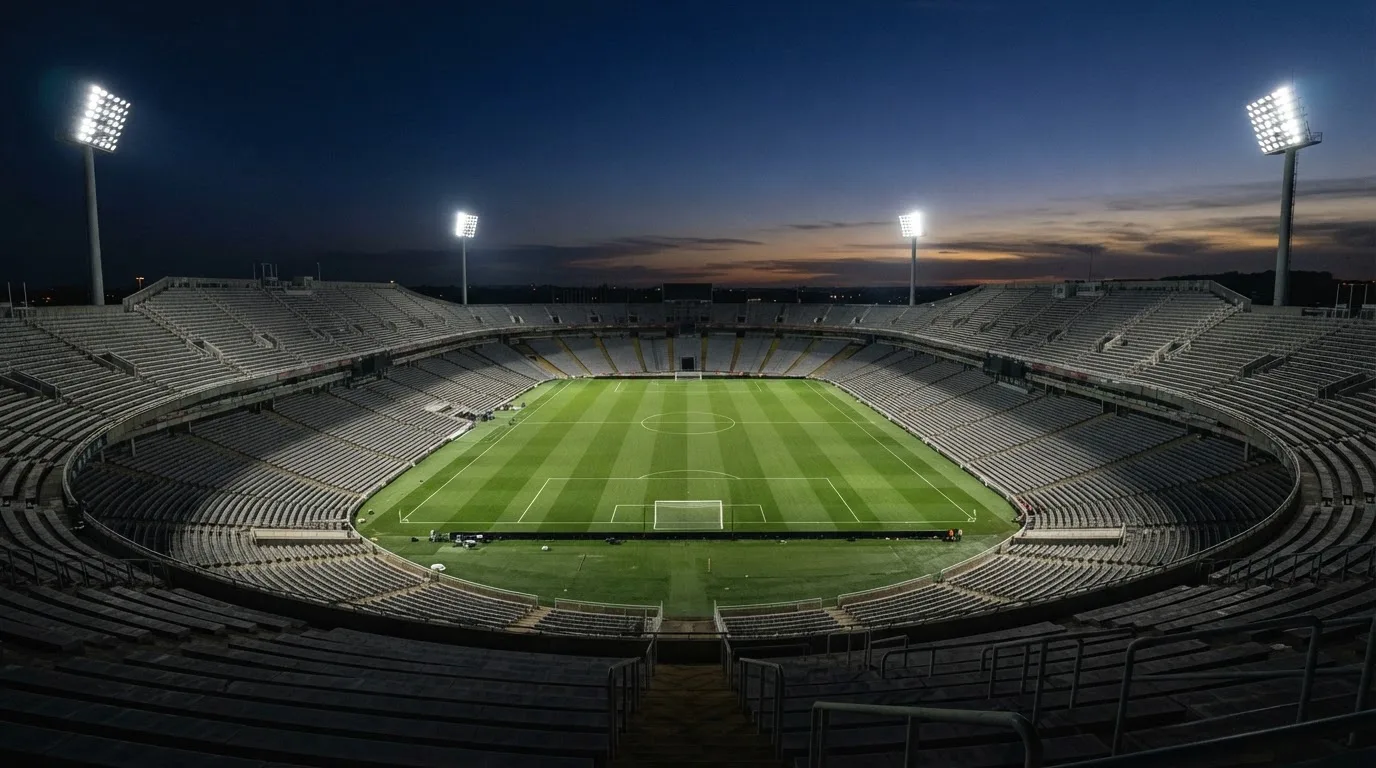 Een leeg voetbalstadion met lichtmasten bij schemering