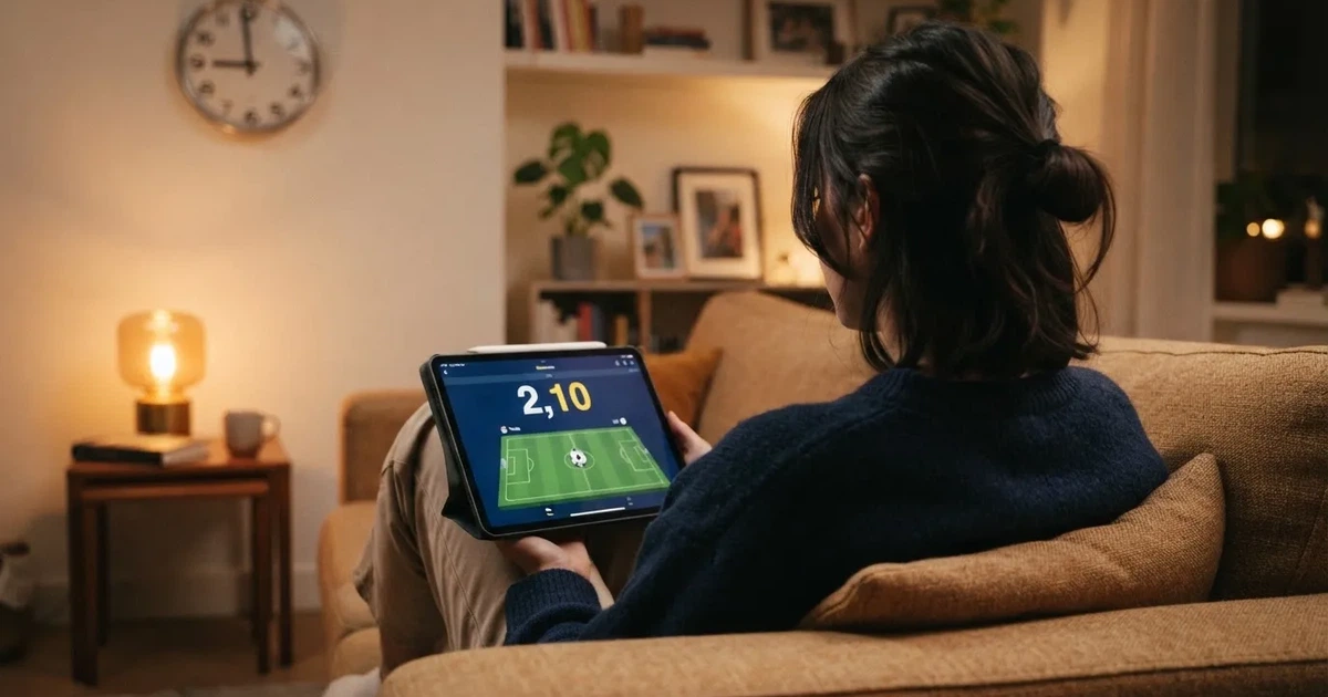 Een persoon op de bank kijkt peinzend naar een tablet, op de achtergrond een klok aan de muur