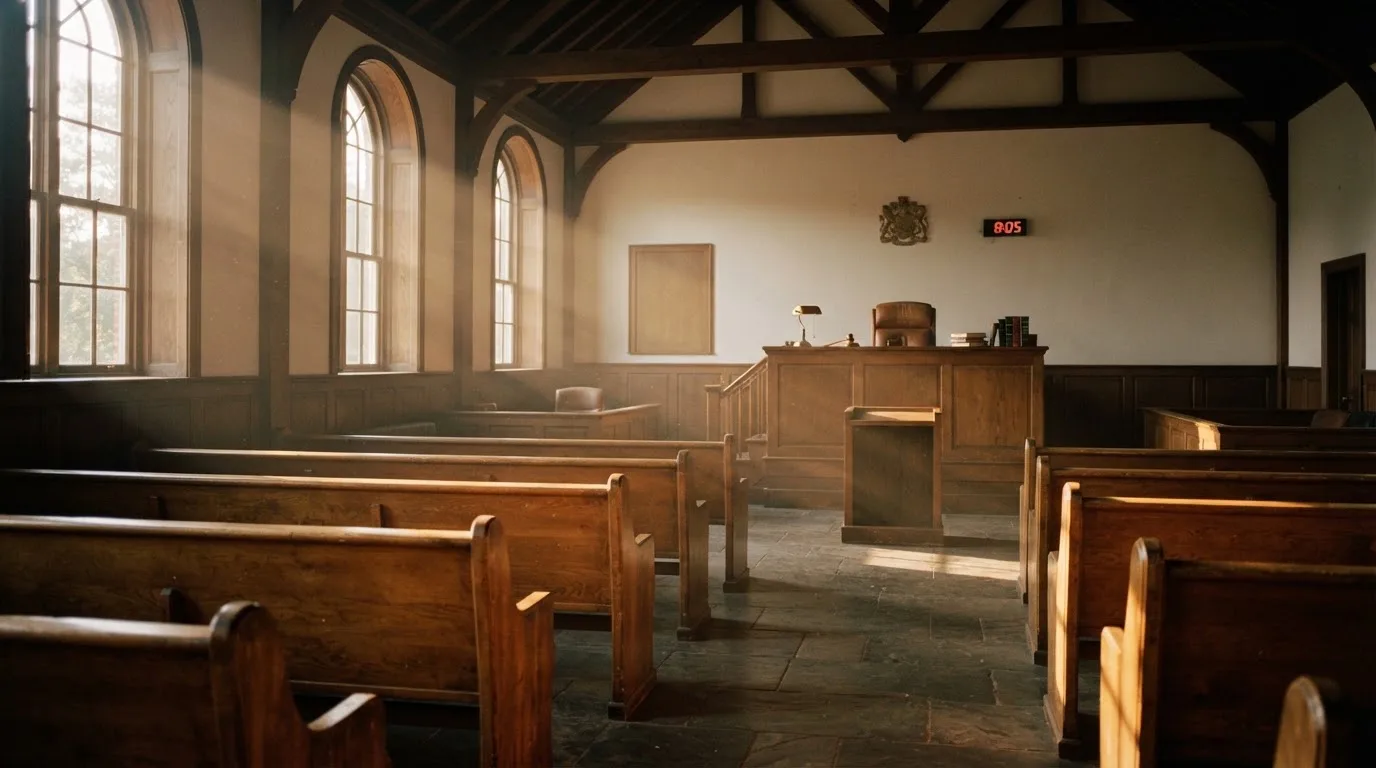 Een lege rechtszaal met houten banken in het ochtendlicht
