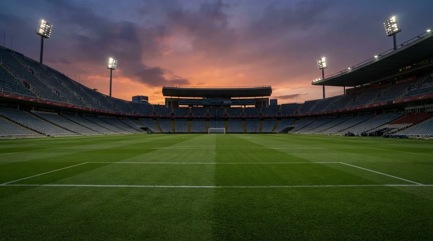 Een leeg voetbalstadion met lichtmasten bij schemering
