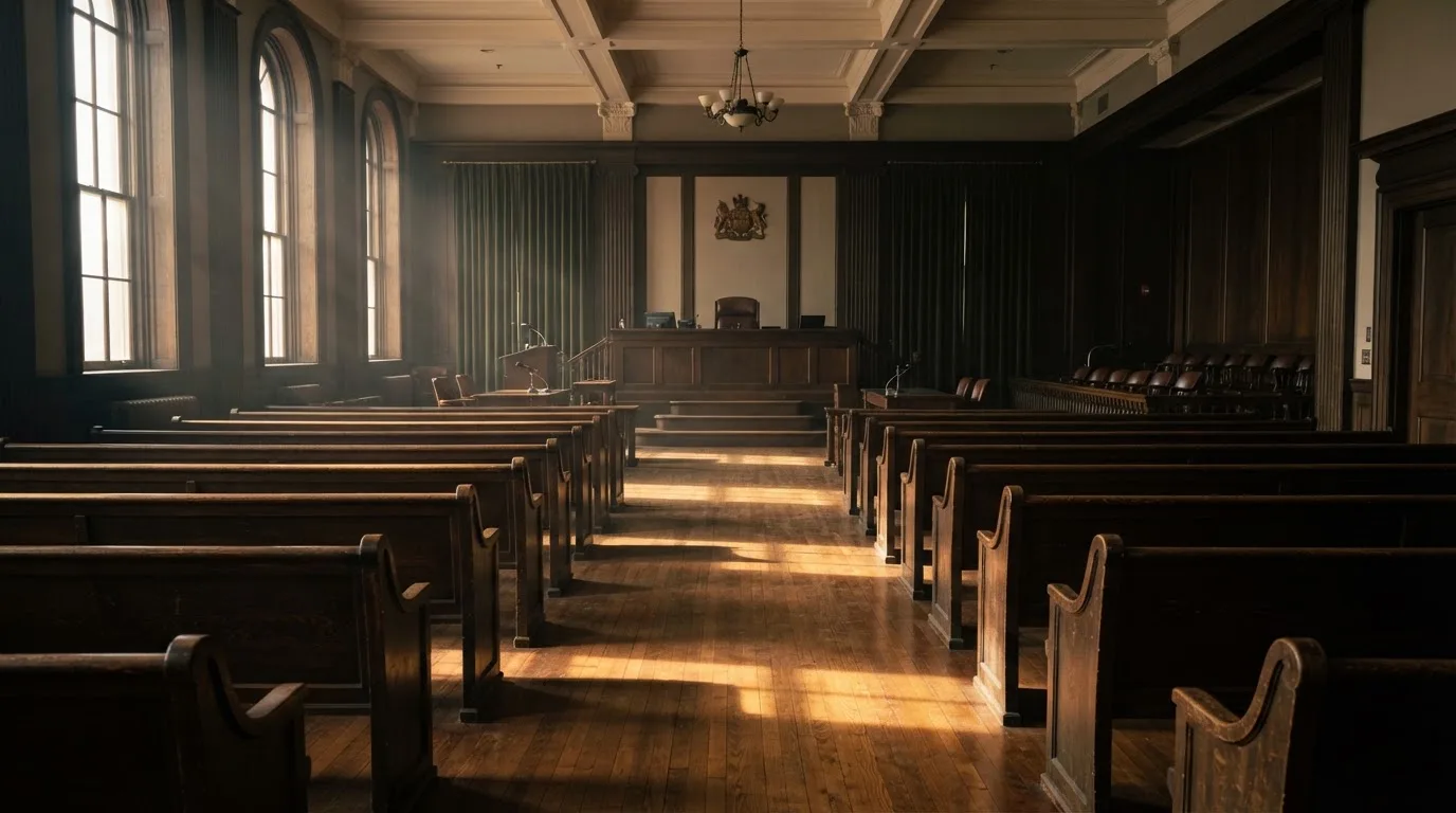 Een lege rechtszaal met houten banken in het ochtendlicht