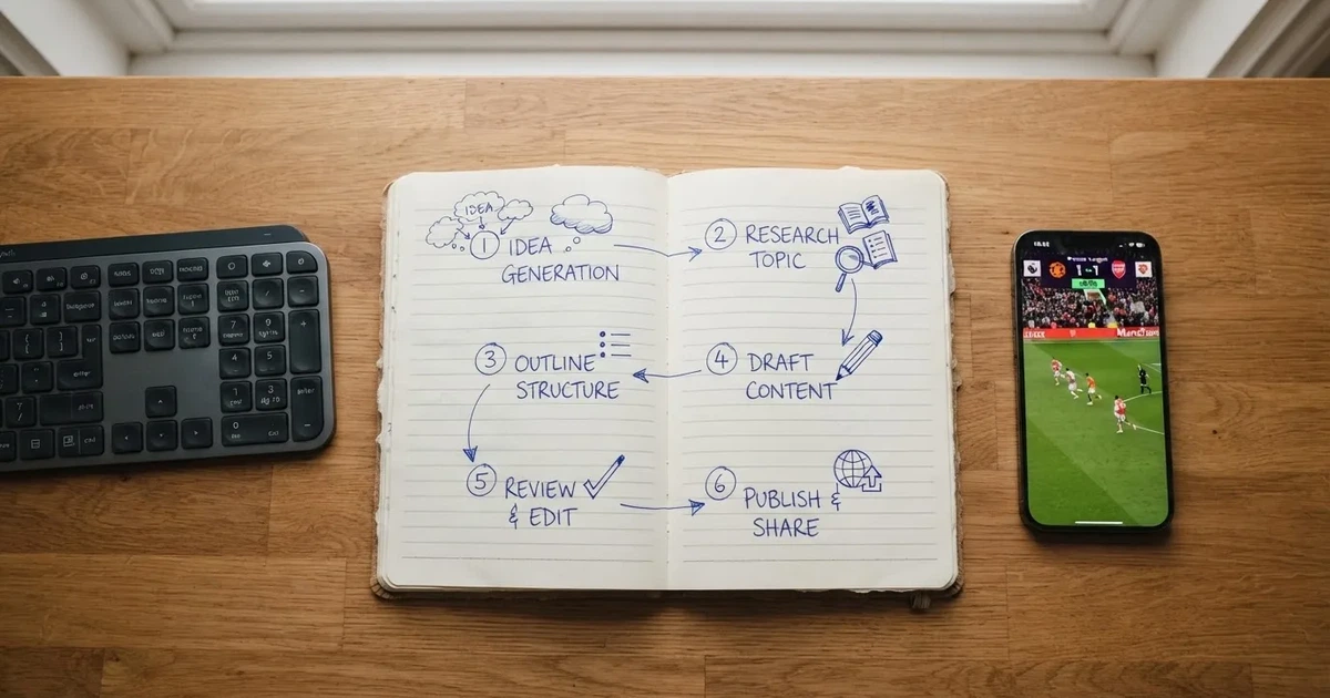 Een notitieblok met een met de hand getekend stappenplan naast een toetsenbord