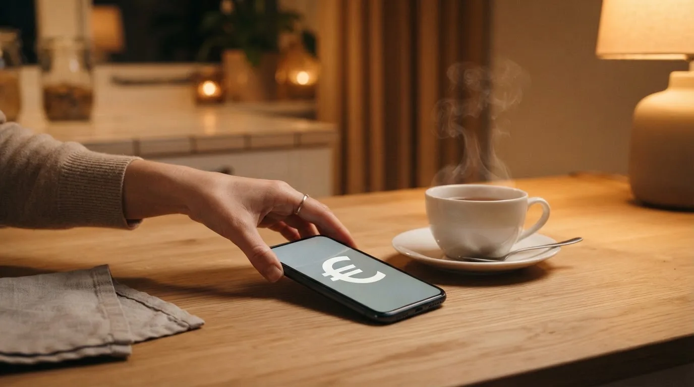 Een hand legt een smartphone naast een kopje thee op een keukentafel, een rustige avond