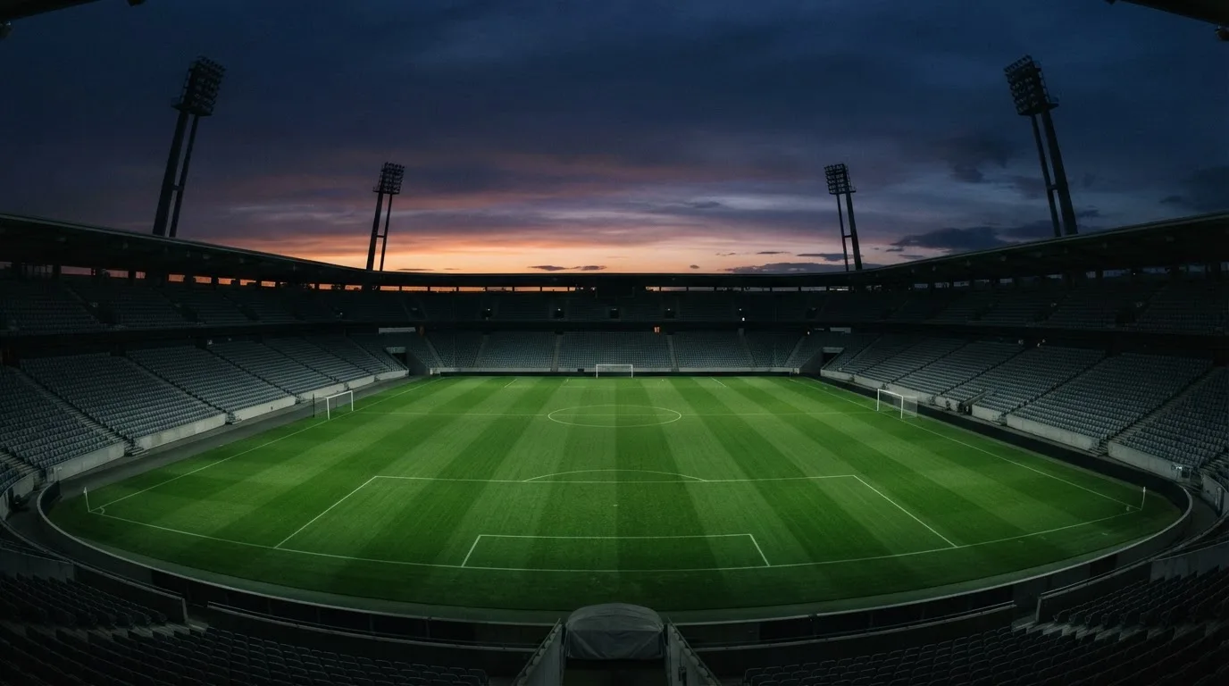Een leeg voetbalstadion met lichtmasten bij schemering