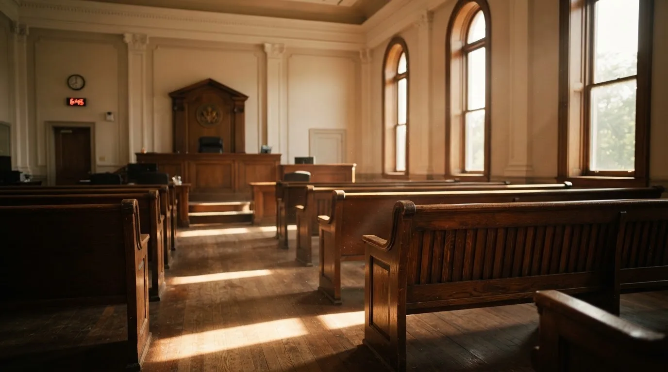 Een lege rechtszaal met houten banken in het ochtendlicht
