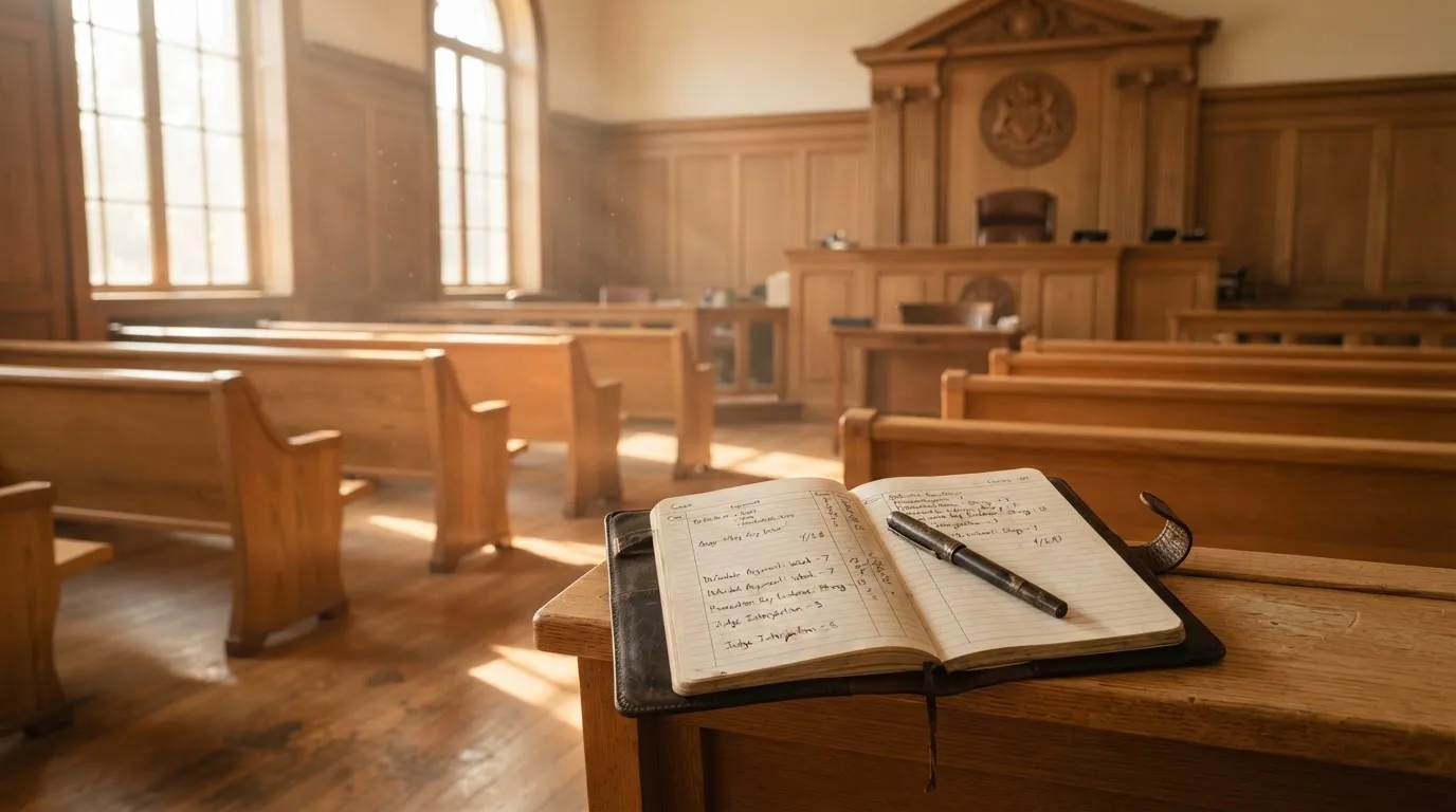 Een lege rechtszaal met houten banken in het ochtendlicht