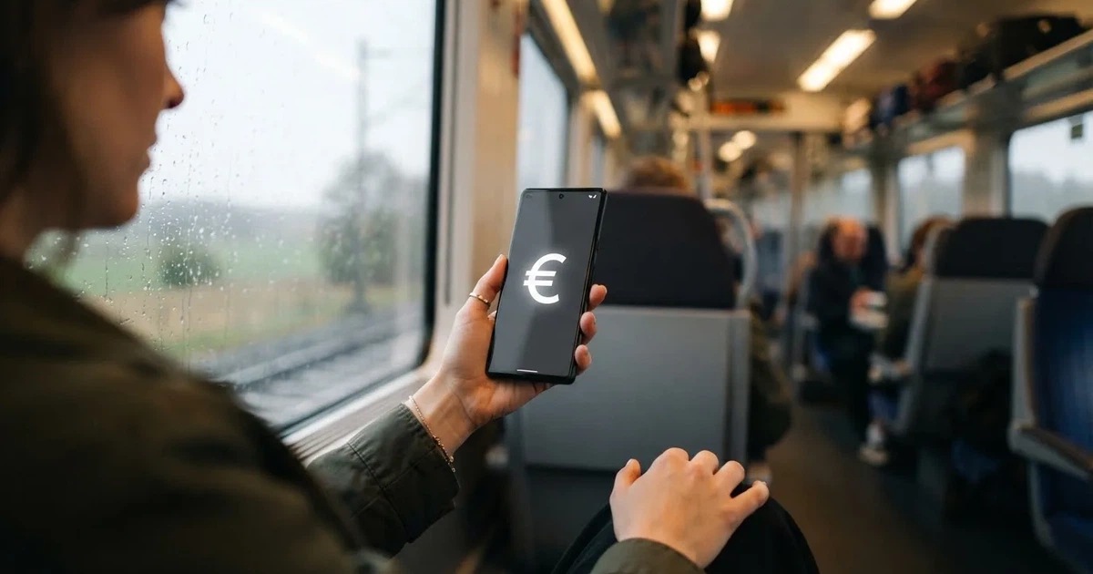 Een hand houdt een smartphone vast in de trein, het scherm van de camera afgewend
