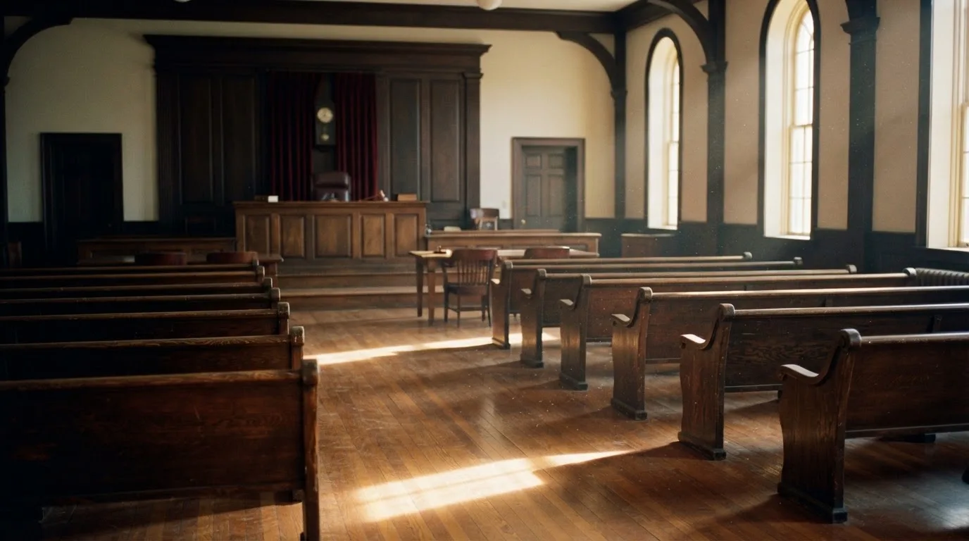 Een lege rechtszaal met houten banken in het ochtendlicht