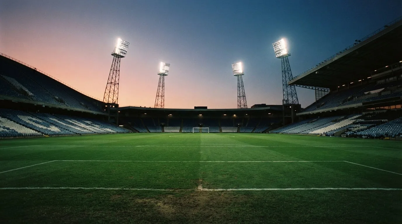 Een leeg voetbalstadion met lichtmasten bij schemering