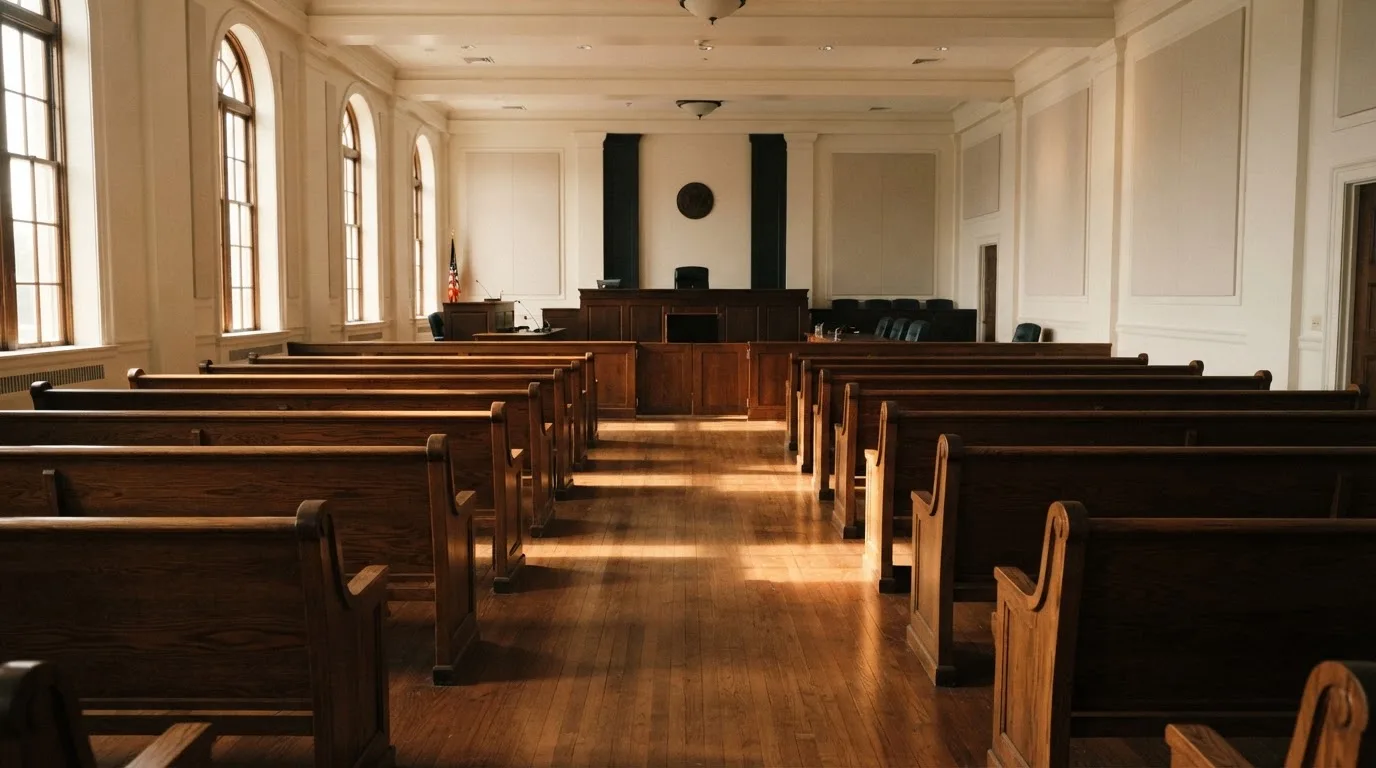 Een lege rechtszaal met houten banken in het ochtendlicht