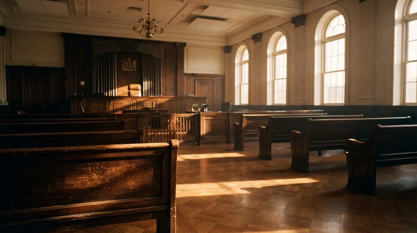 Een lege rechtszaal met houten banken in het ochtendlicht