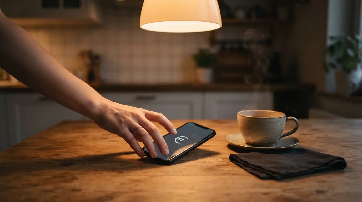 Een hand legt een smartphone naast een kopje thee op een keukentafel, een rustige avond