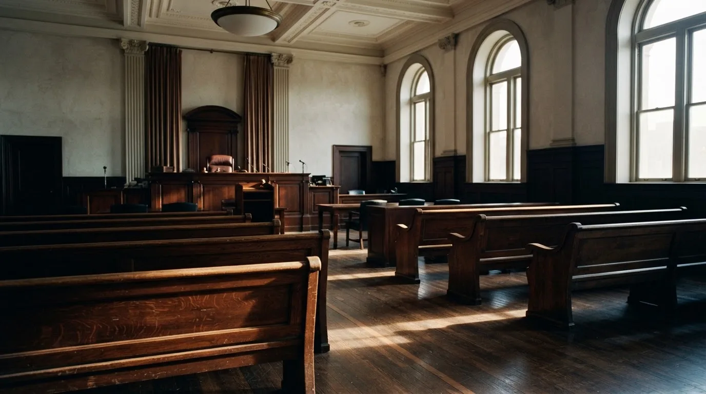 Een lege rechtszaal met houten banken in het ochtendlicht