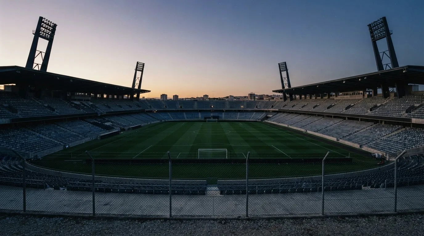 Een leeg voetbalstadion met lichtmasten bij schemering