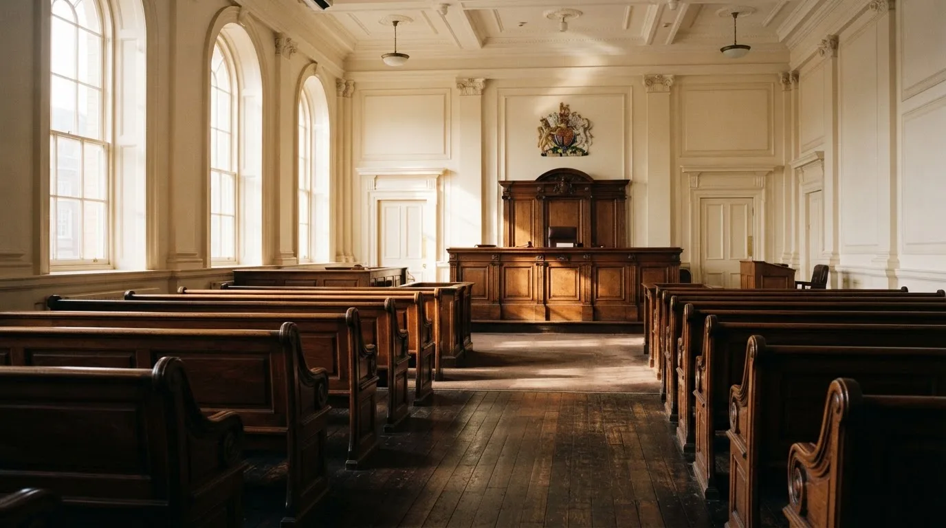 Een lege rechtszaal met houten banken in het ochtendlicht