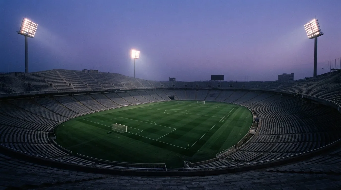 Een leeg voetbalstadion met lichtmasten bij schemering