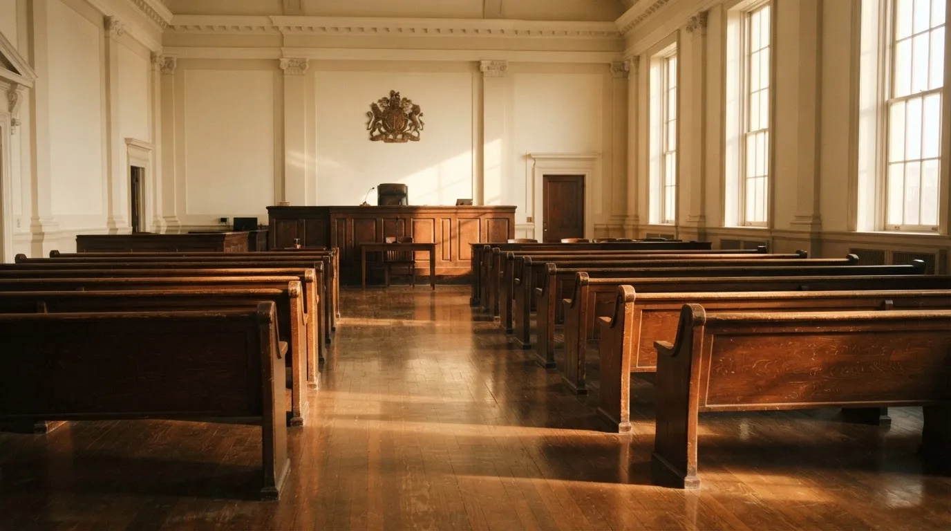 Een lege rechtszaal met houten banken in het ochtendlicht