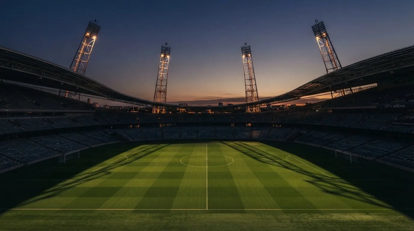 Een leeg voetbalstadion met lichtmasten bij schemering