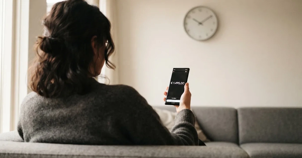 Een persoon op de bank kijkt peinzend naar een tablet, op de achtergrond een klok aan de muur
