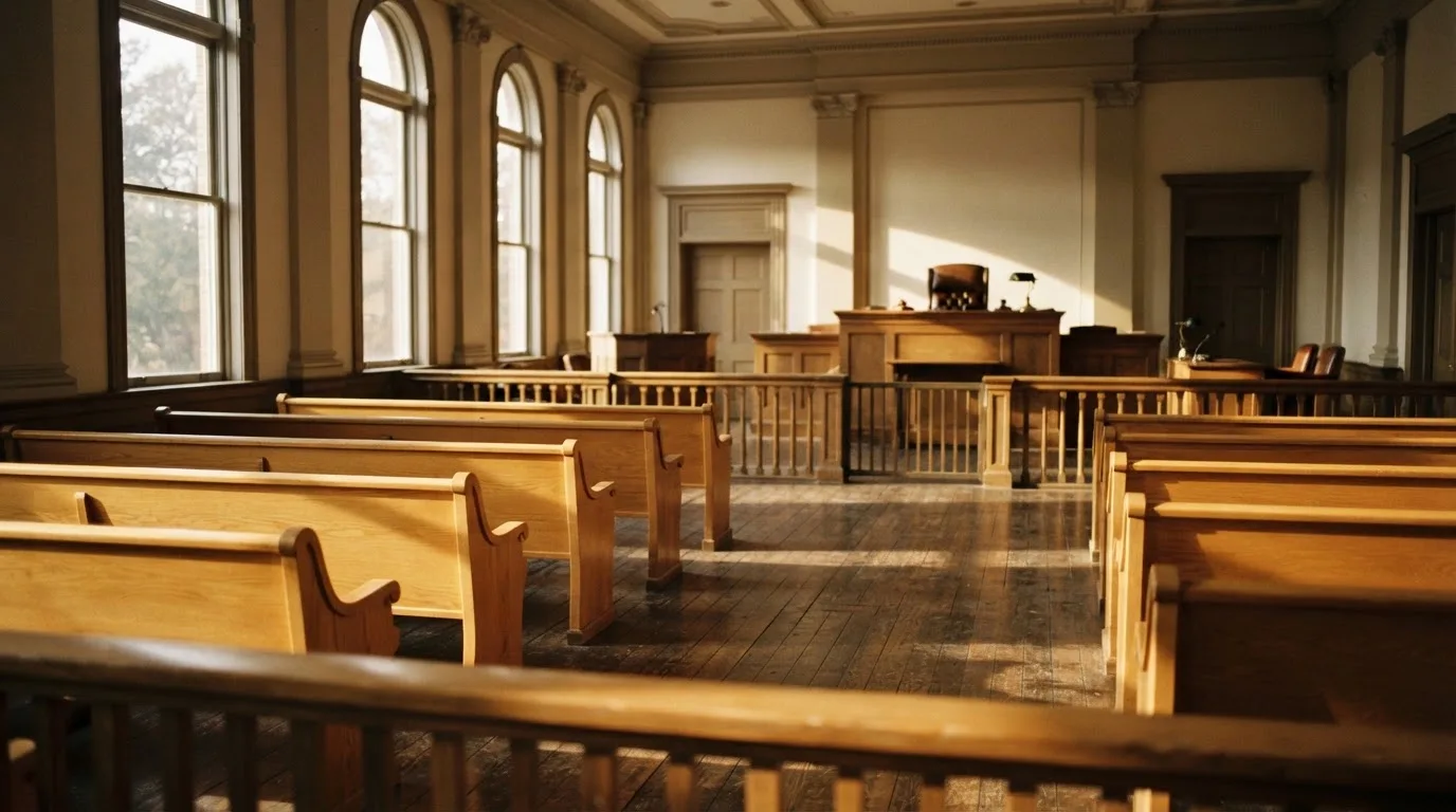 Een lege rechtszaal met houten banken in het ochtendlicht