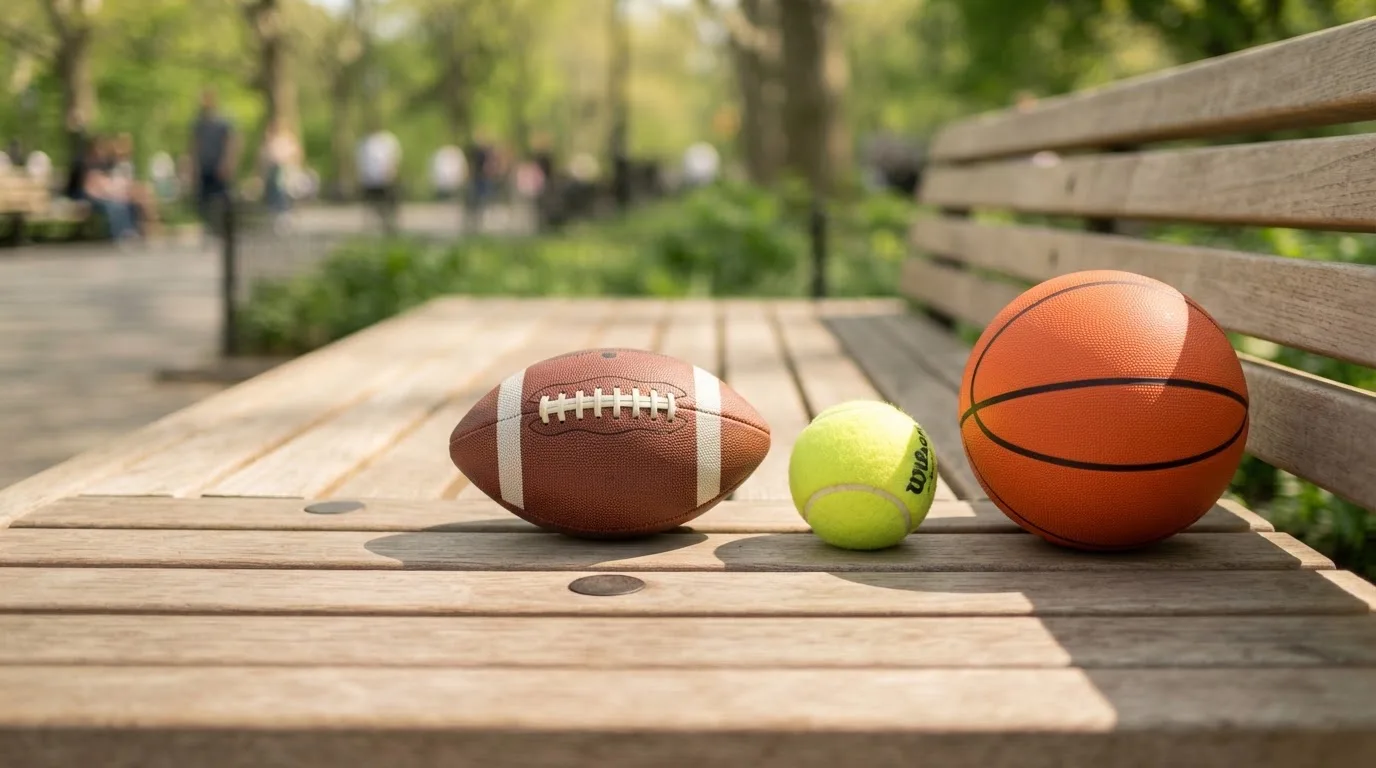 Drie ballen van verschillende soorten naast elkaar op een houten bank