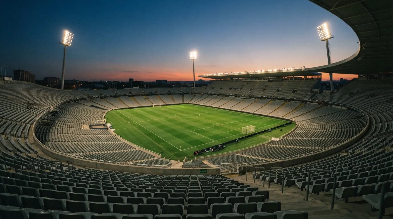 Een leeg voetbalstadion met lichtmasten bij schemering