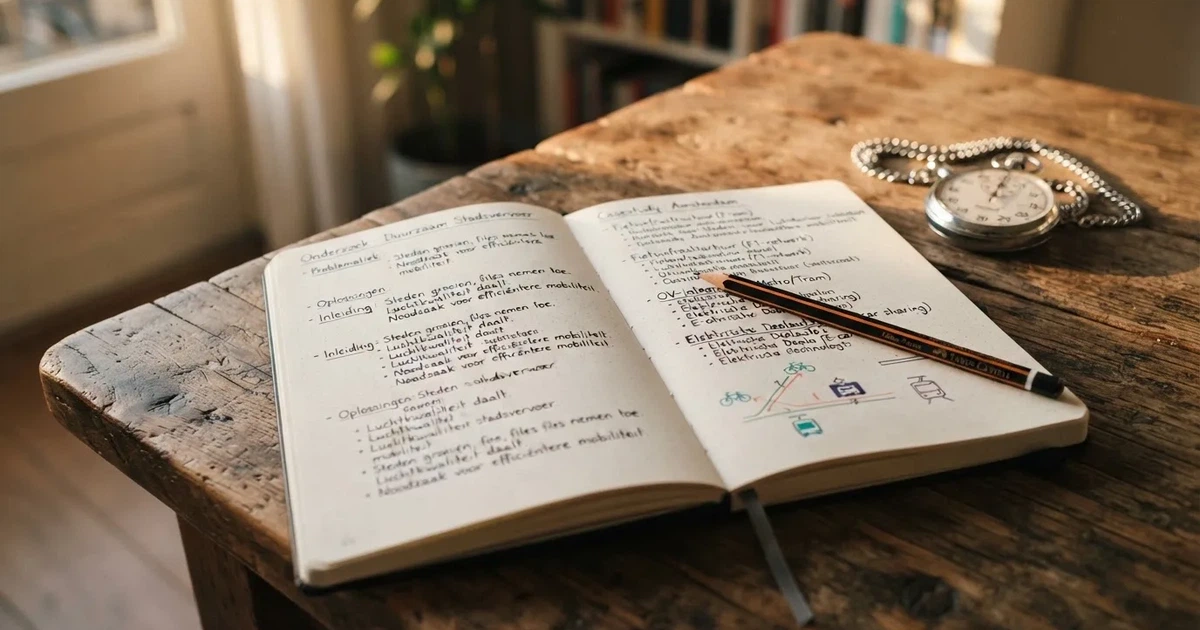 Een opengeslagen notitieboek met een potlood en een stopwatch op een houten tafel