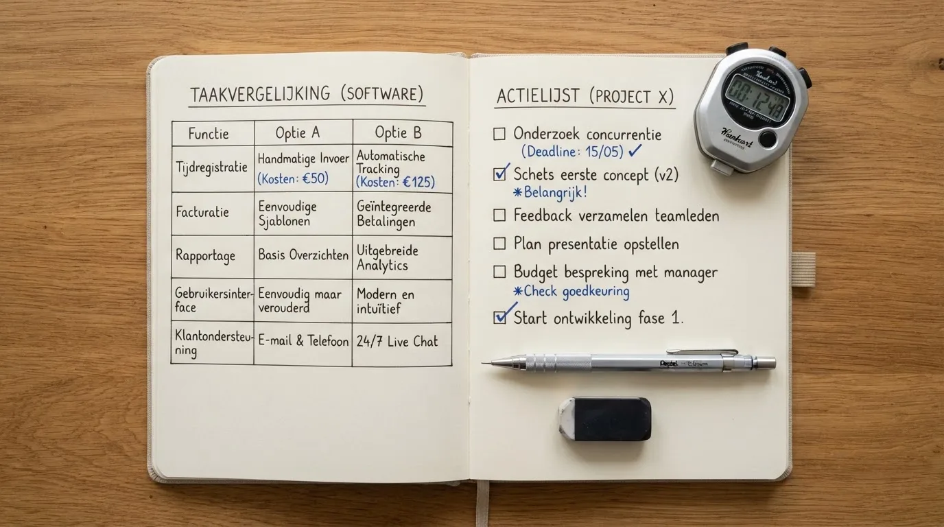 Een opengeslagen notitieboek met een potlood en een stopwatch op een houten tafel