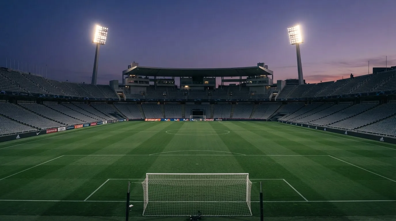 Een leeg voetbalstadion met lichtmasten bij schemering