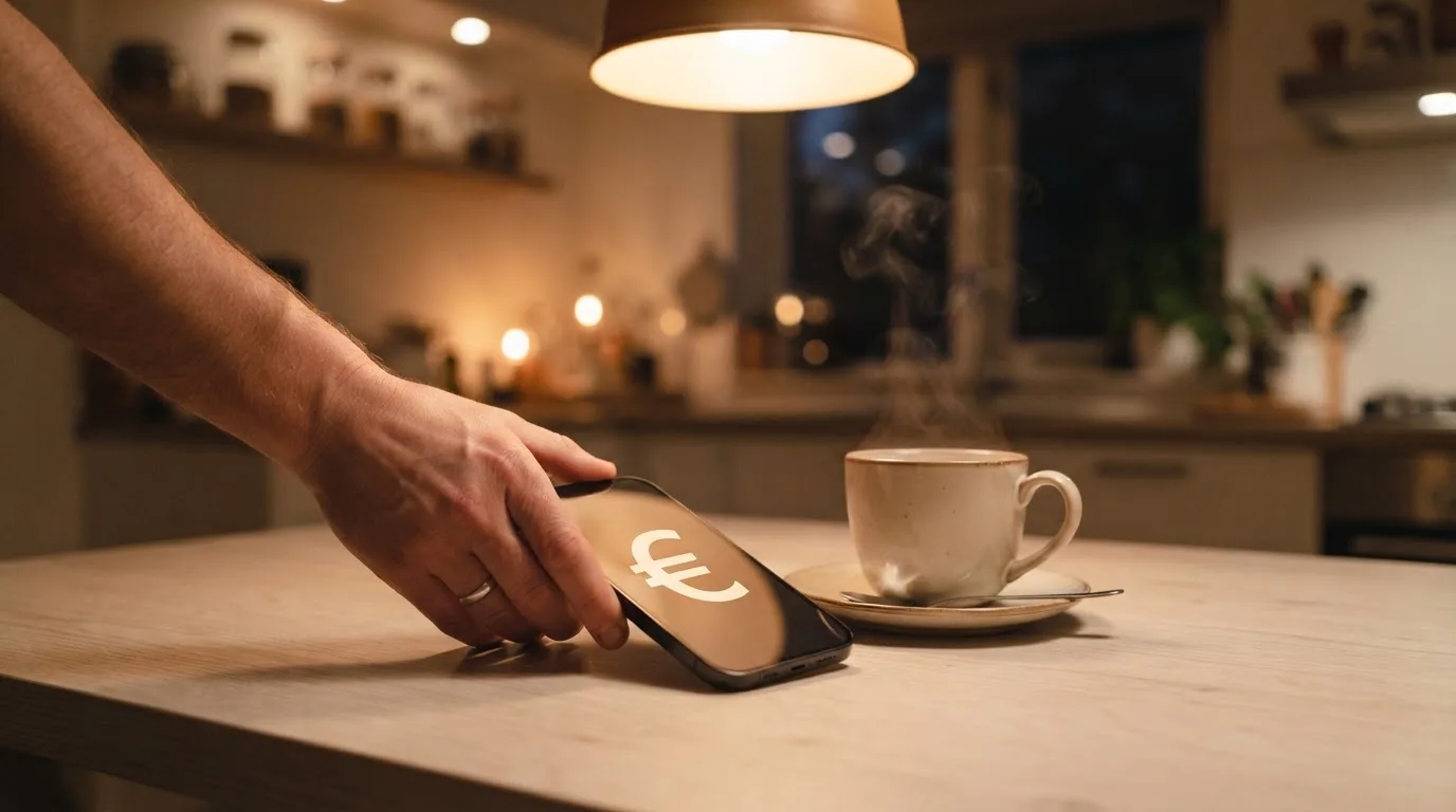 Een hand legt een smartphone naast een kopje thee op een keukentafel, een rustige avond