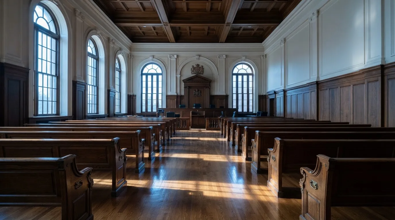 Een lege rechtszaal met houten banken in het ochtendlicht