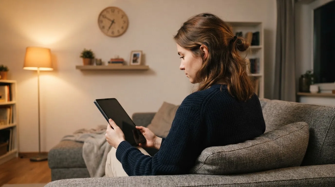 Een persoon op de bank kijkt peinzend naar een tablet, op de achtergrond een klok aan de muur
