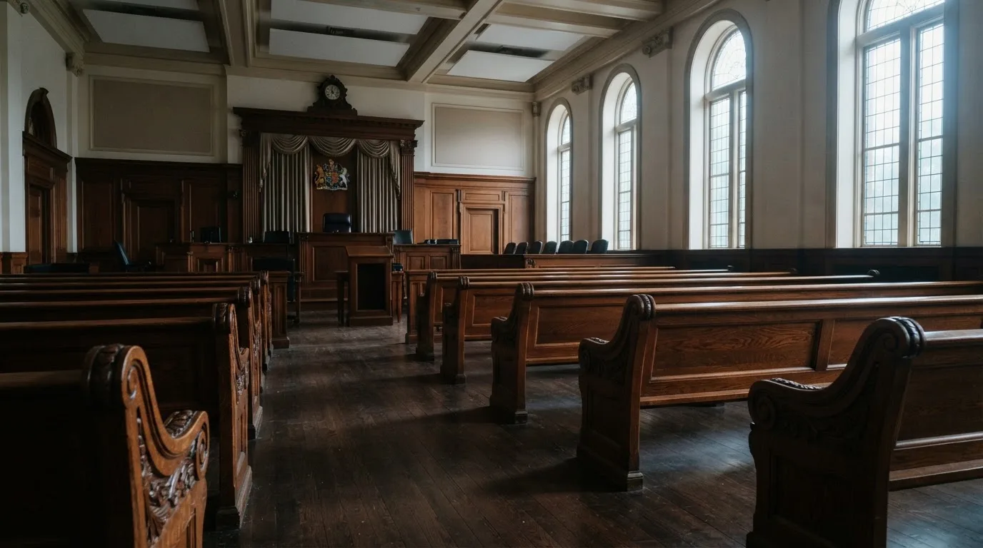 Een lege rechtszaal met houten banken in het ochtendlicht