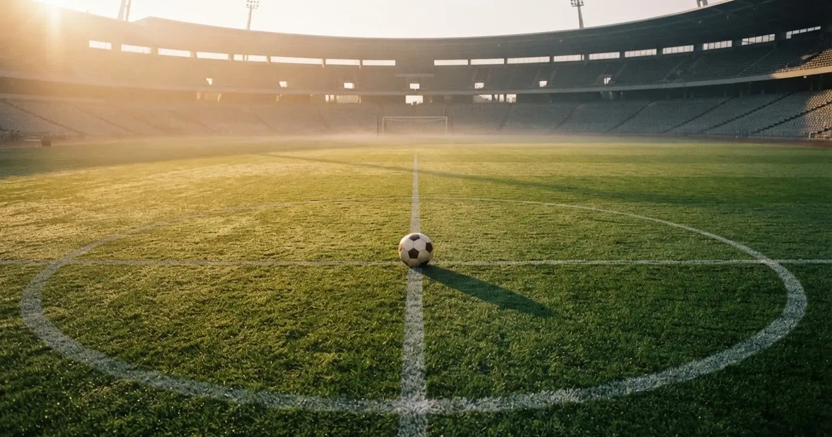 Een voetbal op de middenstip van een grasveld in het ochtendlicht