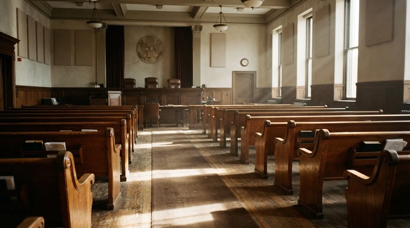 Een lege rechtszaal met houten banken in het ochtendlicht
