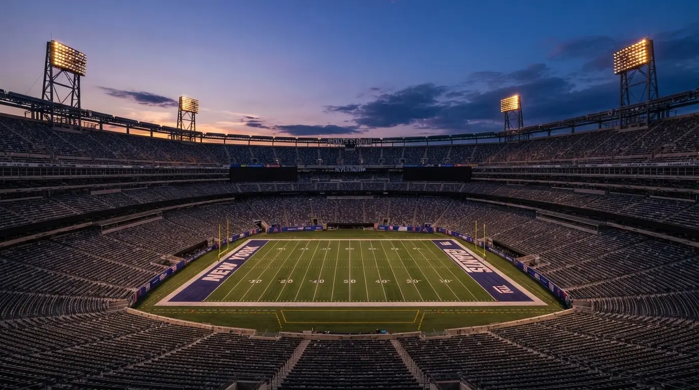 Een leeg voetbalstadion met lichtmasten bij schemering
