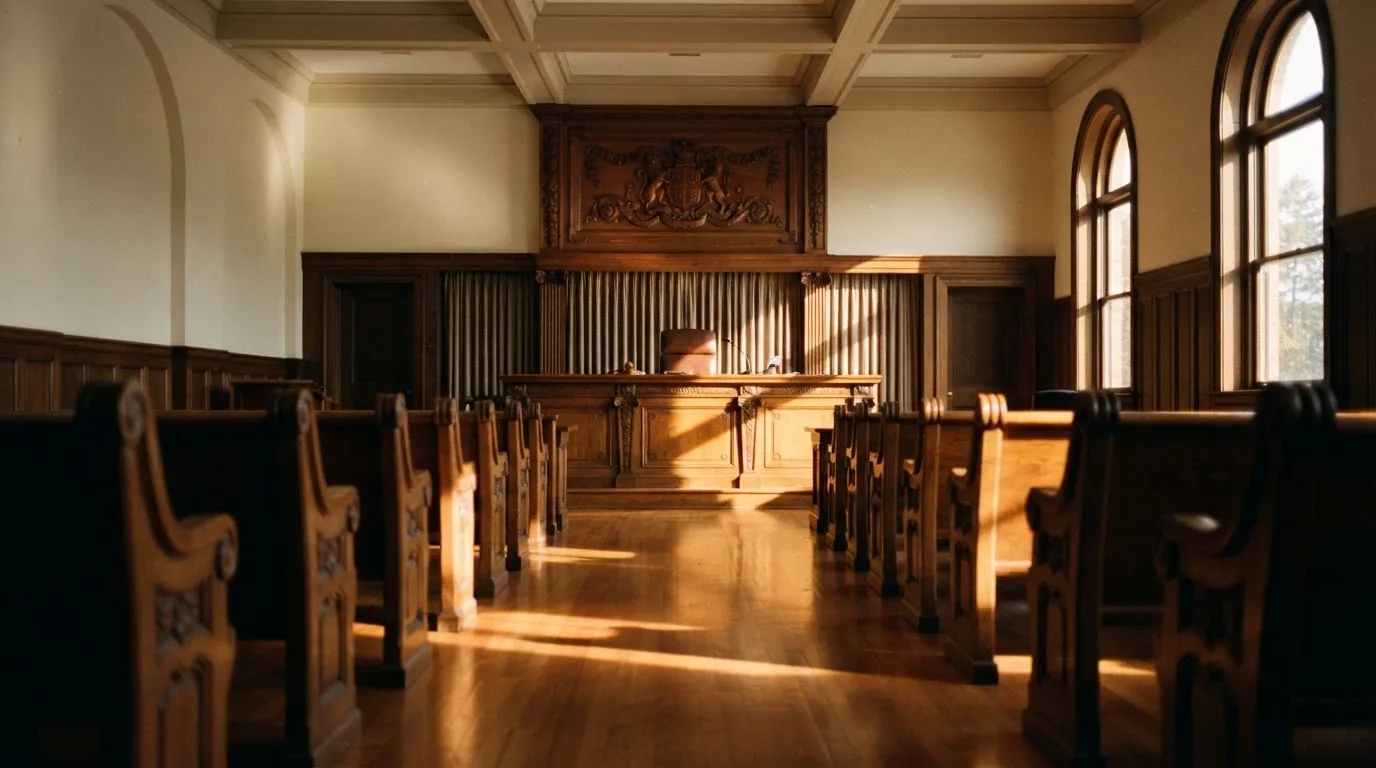 Een lege rechtszaal met houten banken in het ochtendlicht