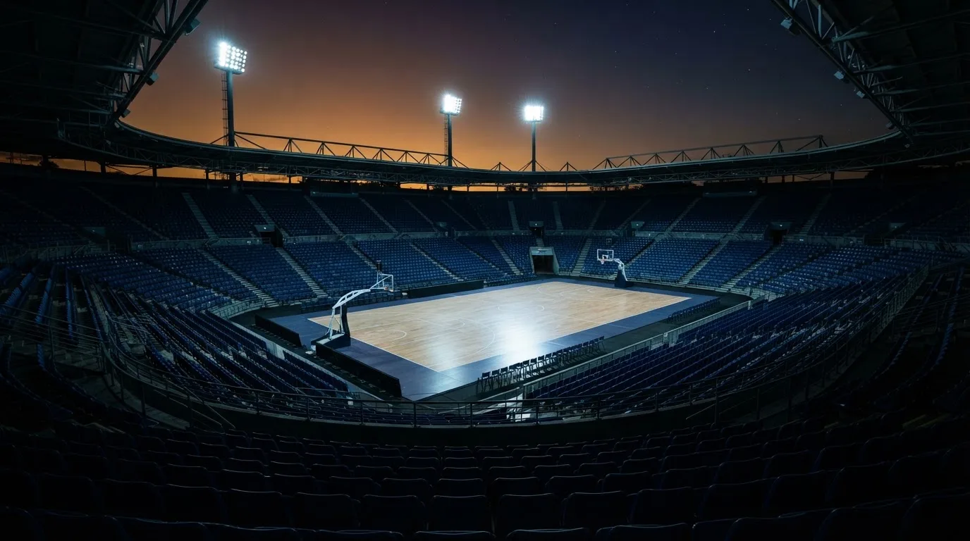 Een leeg voetbalstadion met lichtmasten bij schemering